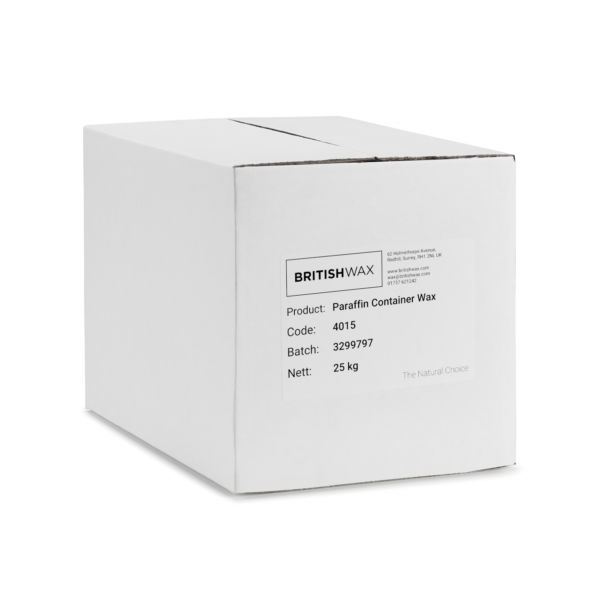 A white cardboard box labelled "British Wax - Paraffin Container Wax - 25kg"