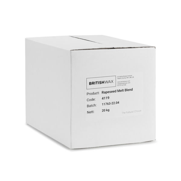 A white cardboard box labelled "British Wax - Rapeseed Melt Blend - 20kg"