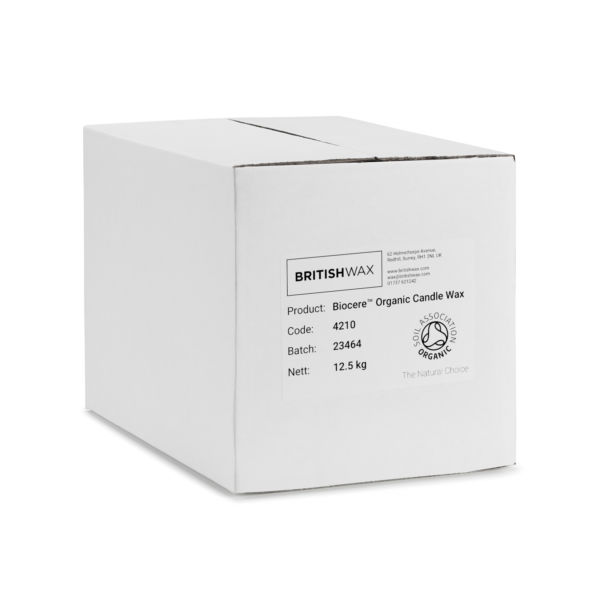 A white cardboard box labelled "BritishWax Biocere Organic Candle Wax - Code 4120 . Nett weight 12.5kg"