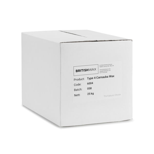 A white cardboard box labelled "British Wax - Type 4 Carnauba Wax - 25kg"