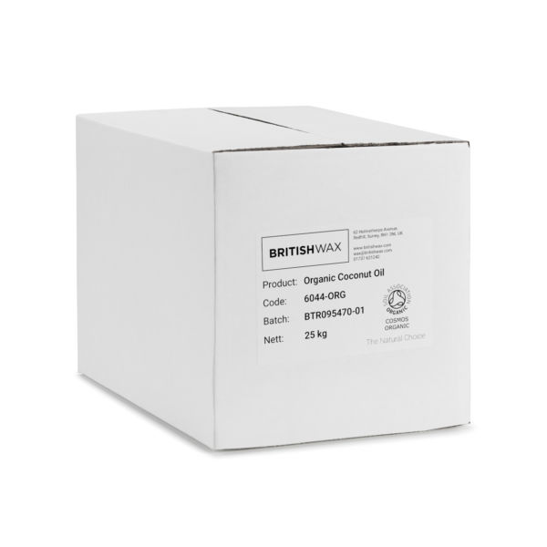 A white cardboard box labelled "British Wax - Organic Coconut Oil - 25kg"