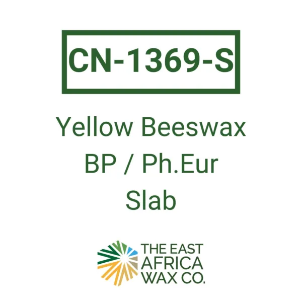 Product label for Yellow Beeswax, BP / Ph. Eur grade, in slabs. By The East Africa Wax Co.