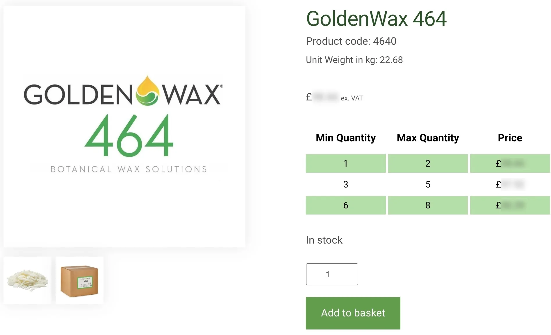 Screenshot of a britishwax product page enabled for online purchases, the user logged in