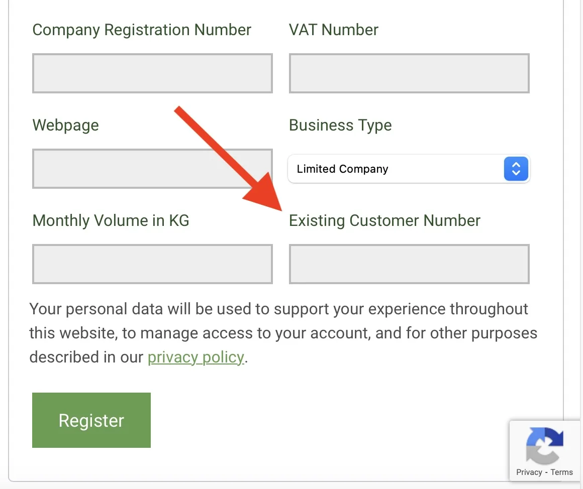 Screenshot of the registration form